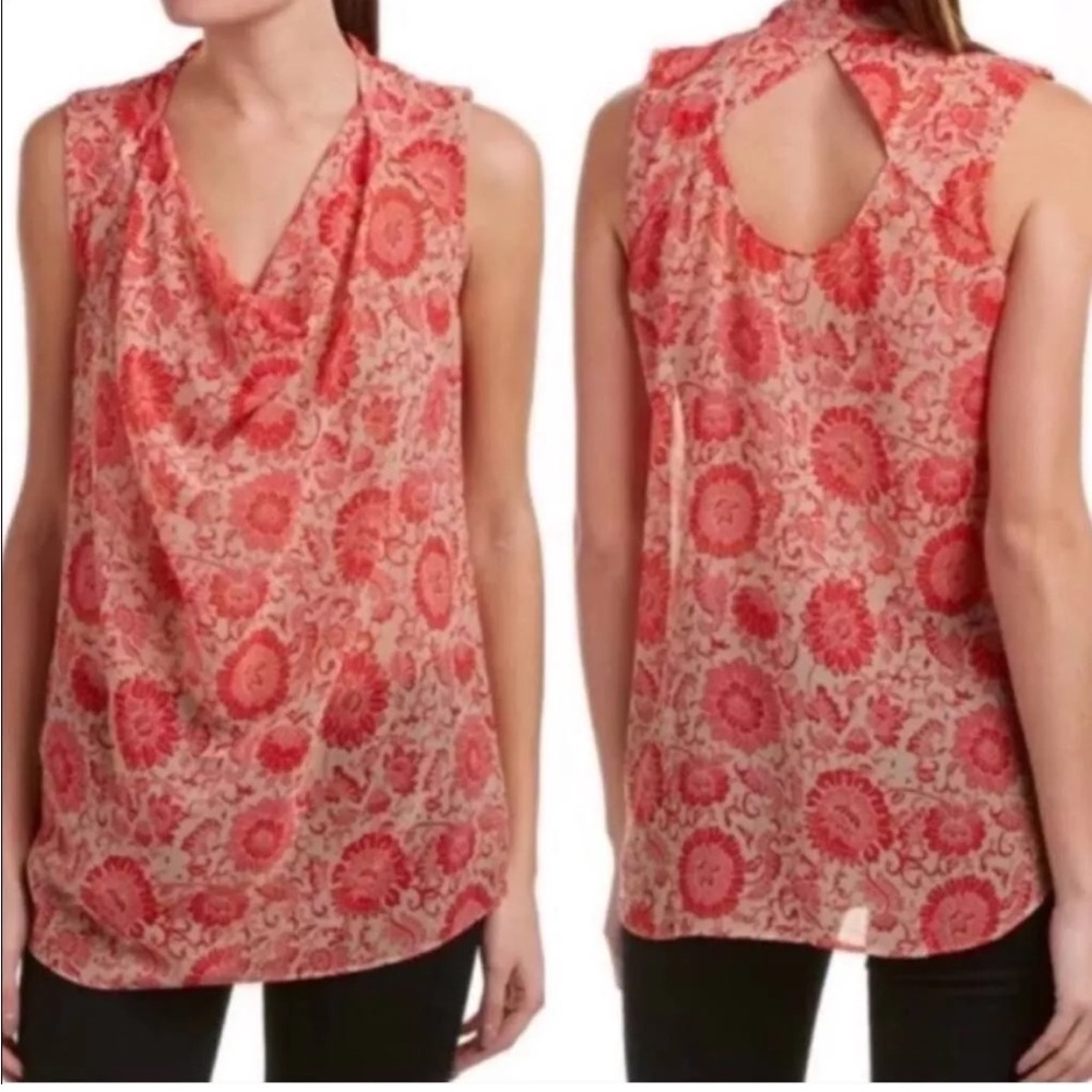 CAbi Floral Cowl Neck Sleeveless Blouse Pink Coral Keyhole Back Size S
